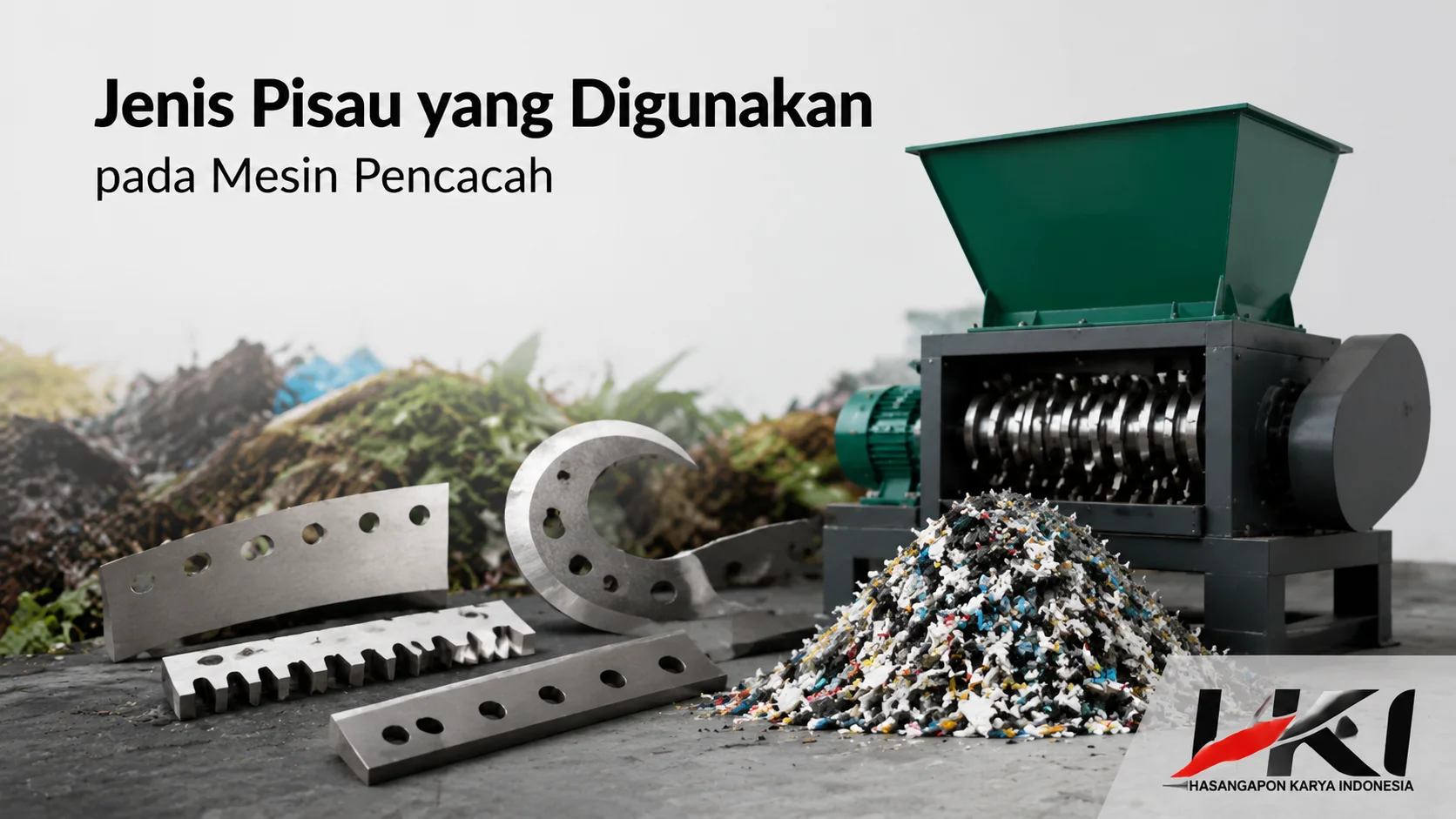 Beragam jenis pisau mesin pencacah sampah ditampilkan bersama mesin shredder untuk proses penghancuran dan pengolahan limbah