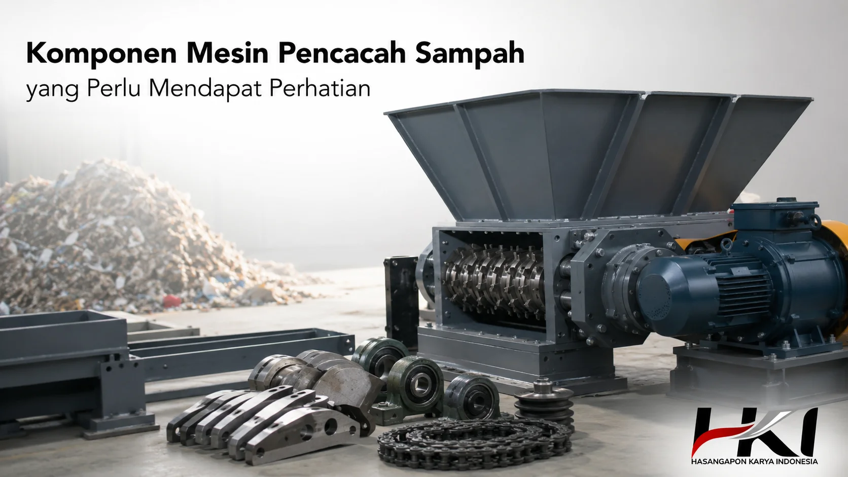 Komponen mesin pencacah sampah seperti pisau, bearing, rantai transmisi, dan motor penggerak untuk mendukung perawatan rutin mesin
