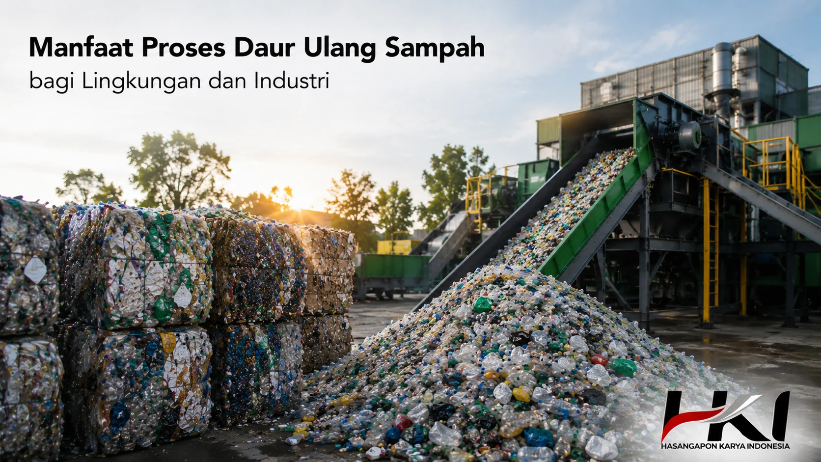 Fasilitas daur ulang sampah dengan mesin pengolahan limbah modern untuk mengurangi volume sampah dan mendukung pemanfaatan kembali material