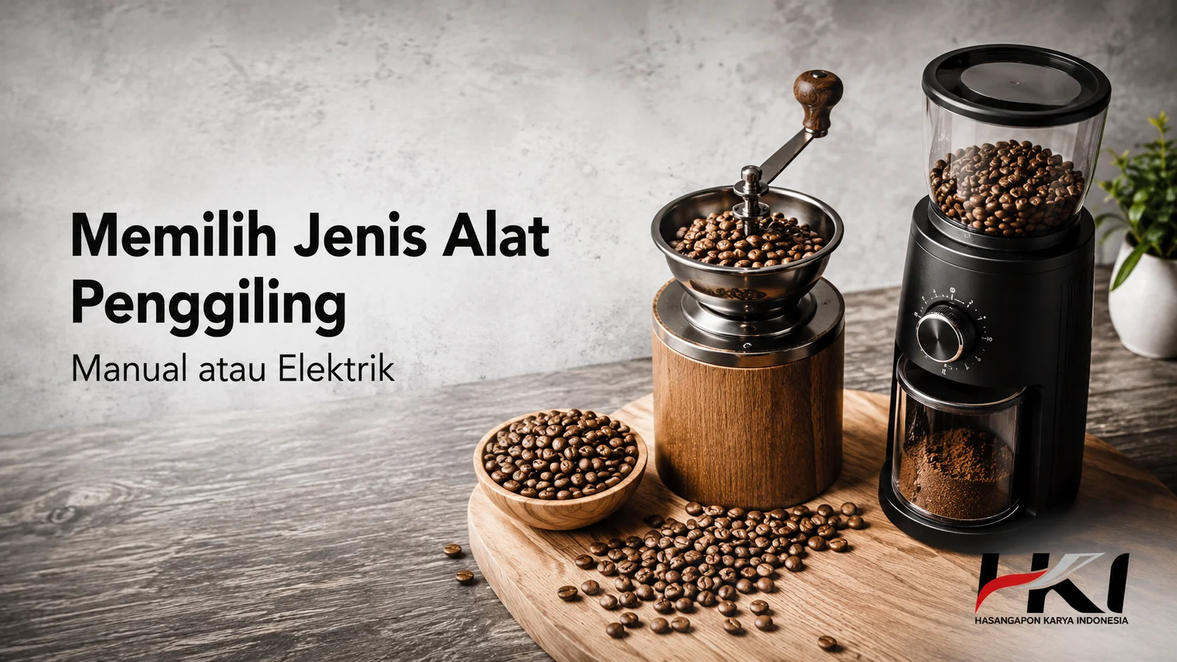 Grinder kopi manual dan elektrik sebagai ilustrasi perbedaan alat penggiling kopi untuk berbagai kebutuhan penyeduhan