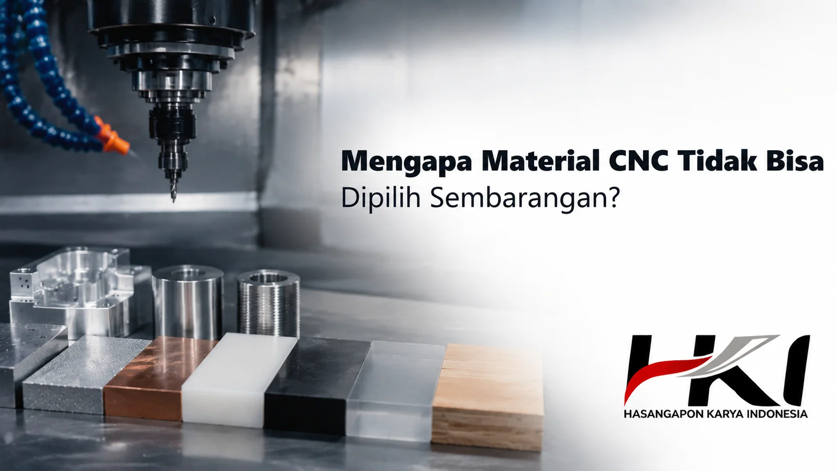 Berbagai material untuk mesin CNC seperti aluminium, baja, plastik teknik, dan kayu disiapkan untuk proses machining presisi di lingkungan manufaktur
