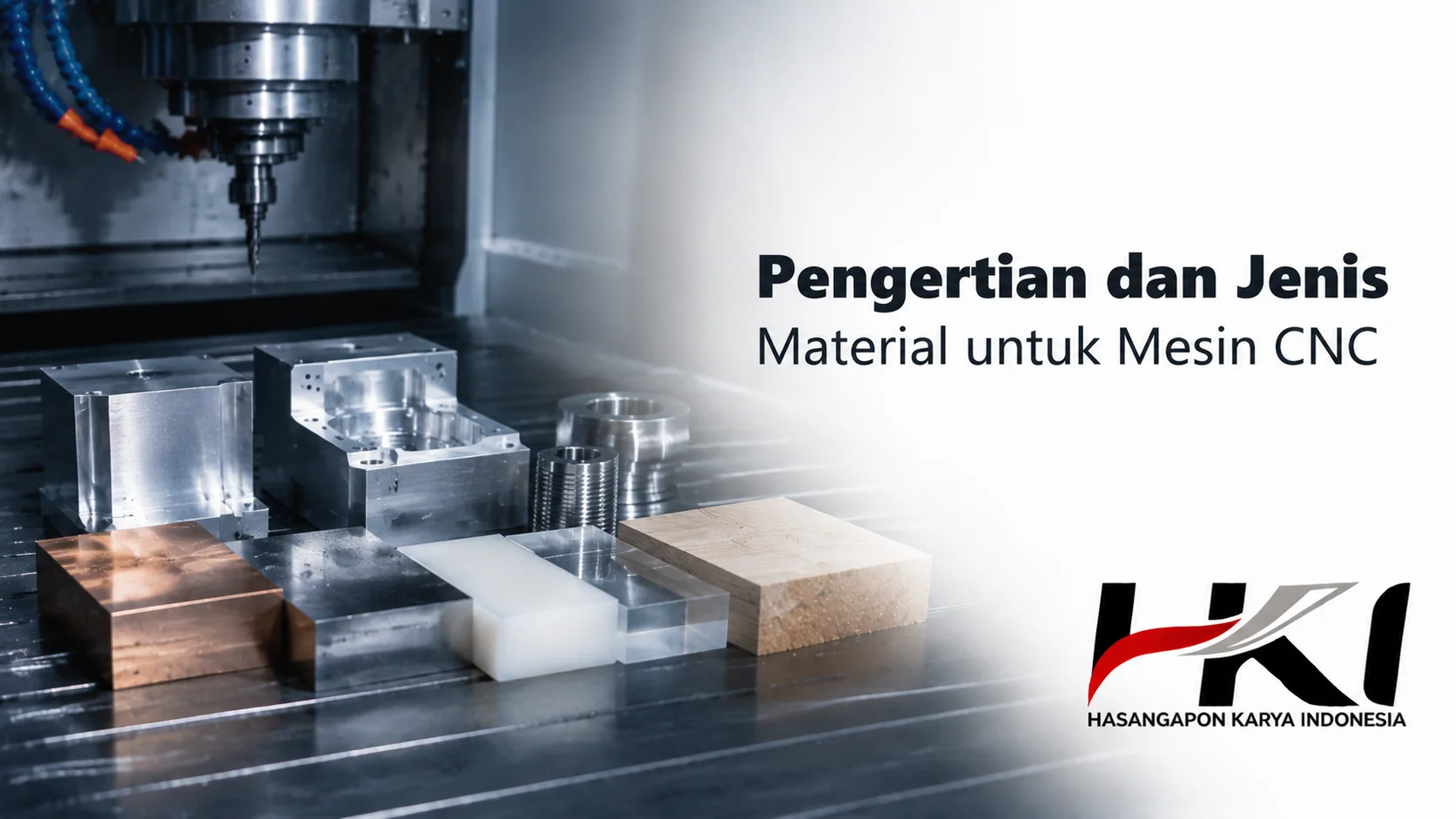 Beragam material untuk mesin CNC seperti aluminium, baja, tembaga, plastik teknik, dan kayu ditampilkan di area kerja mesin CNC sebagai ilustrasi proses machining