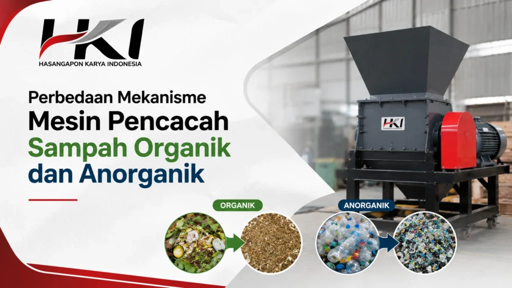 ilustrasi Gambar Perbedaan Cara Kerja Mesin Pencacah Sampah organik dan anorganik untuk pengolahan limbah secara efisien