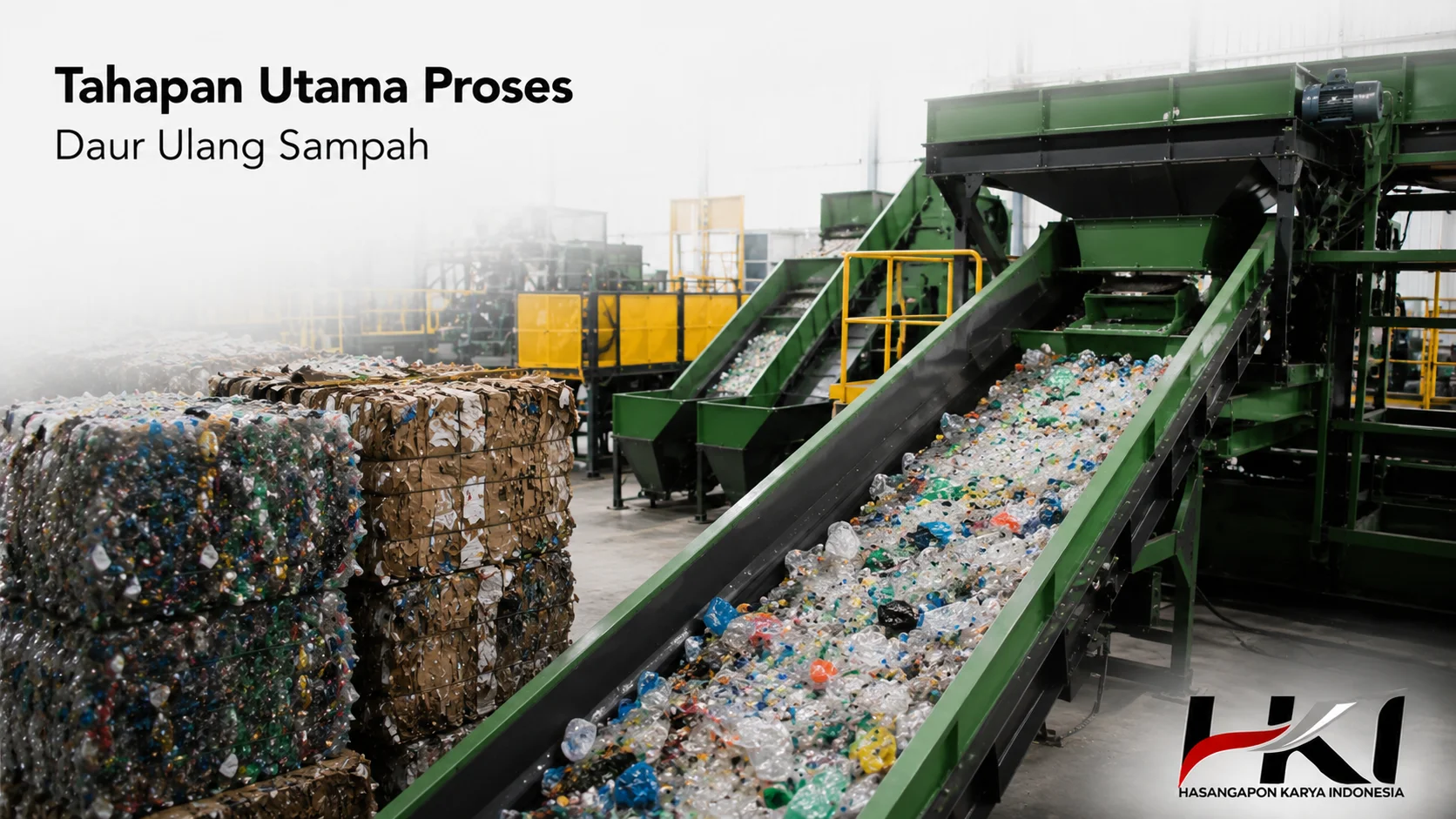 Proses daur ulang sampah menggunakan mesin industri untuk mengolah material bekas menjadi bahan yang dapat dimanfaatkan kembali