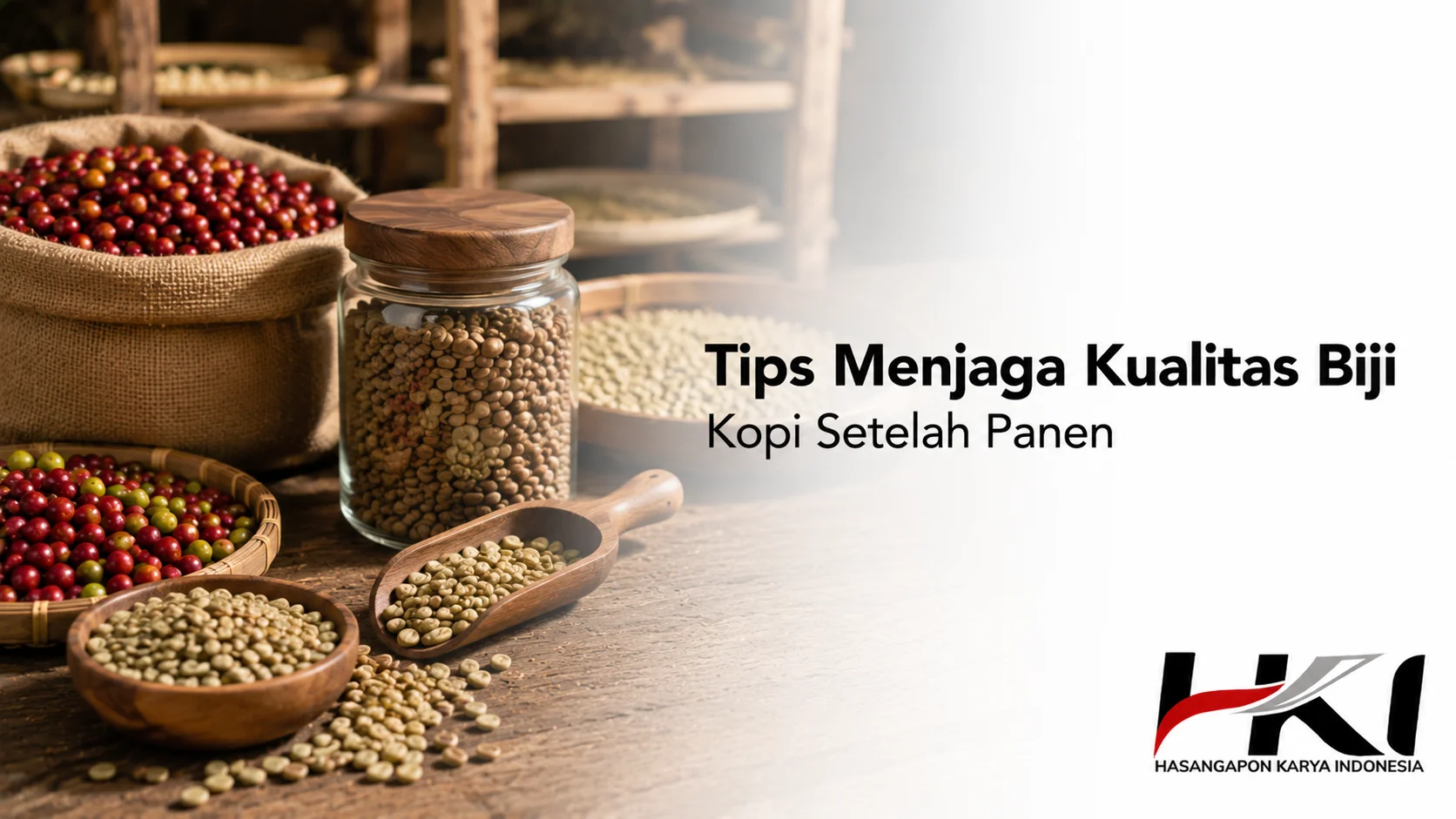 Biji kopi hasil panen yang disimpan dengan baik untuk menjaga kualitas, kesegaran, dan karakter rasa sebelum proses penyangraian