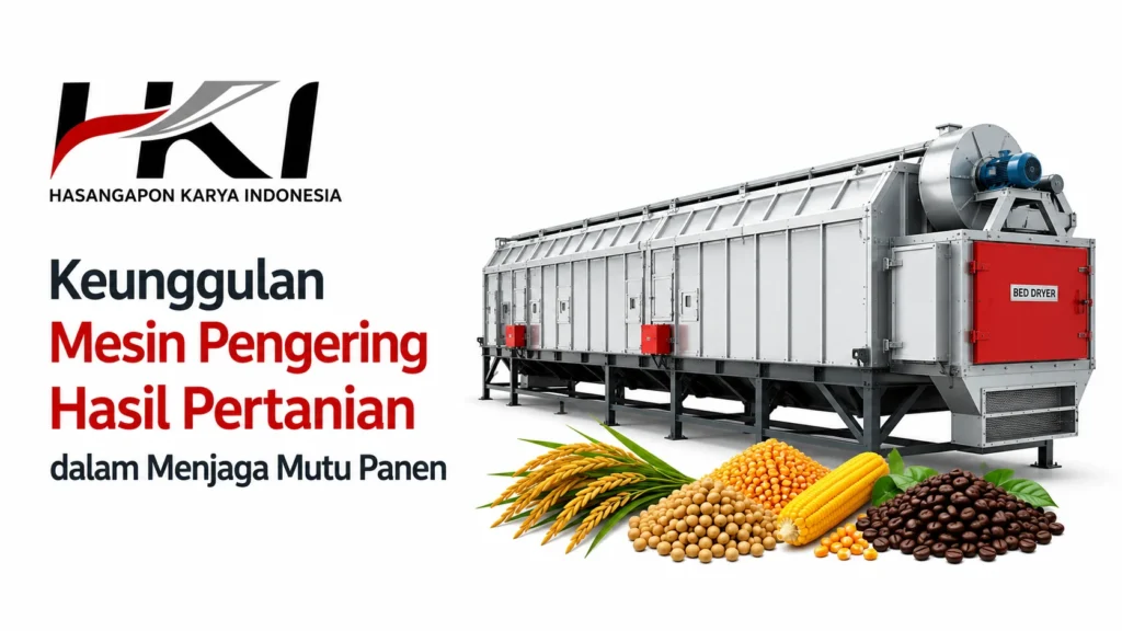 Ilustrasi mesin pengering hasil pertanian untuk menjaga mutu panen tetap optimal dengan logo Hasangapon Karya Indonesia