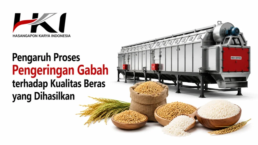Ilustrasi proses pengeringan gabah untuk menjaga kualitas beras yang dihasilkan dengan mesin bed dryer dan logo Hasangapon Karya Indonesia