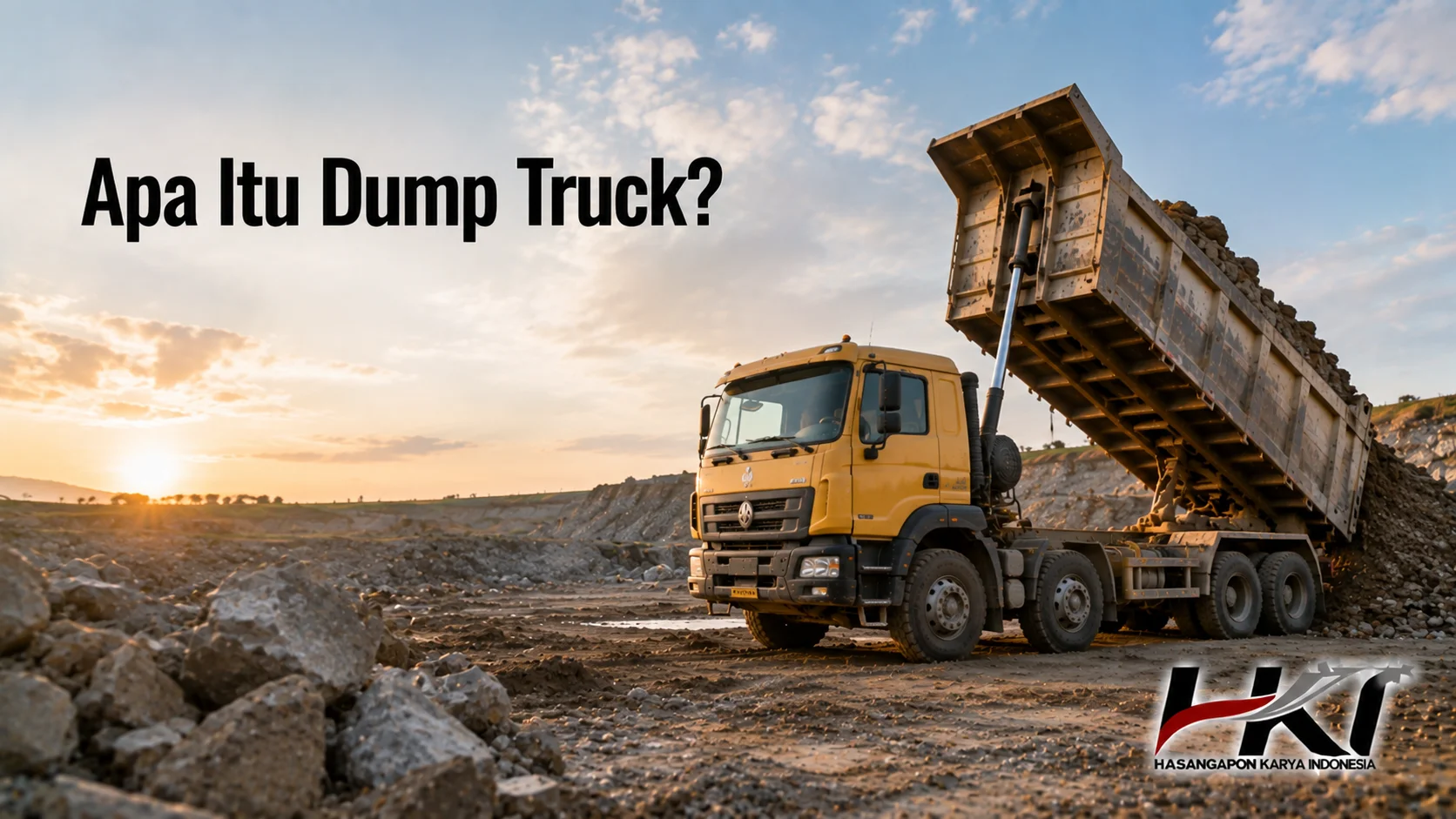 Dump truck sedang mengangkut dan menurunkan material di area kerja untuk menggambarkan fungsi dan penggunaan kendaraan berat