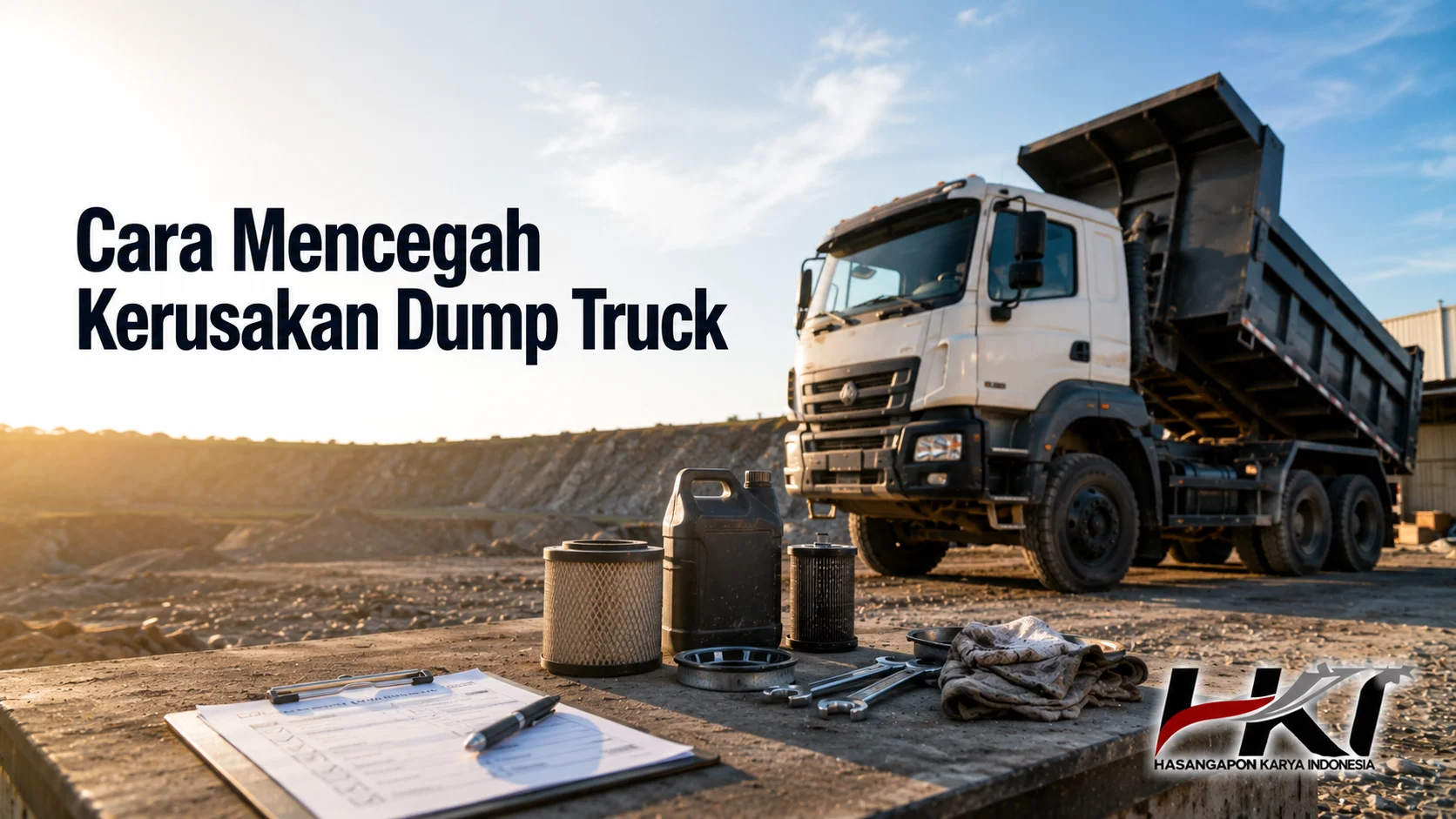 Dump truck di area kerja dengan komponen perawatan sebagai gambaran langkah pencegahan kerusakan kendaraan