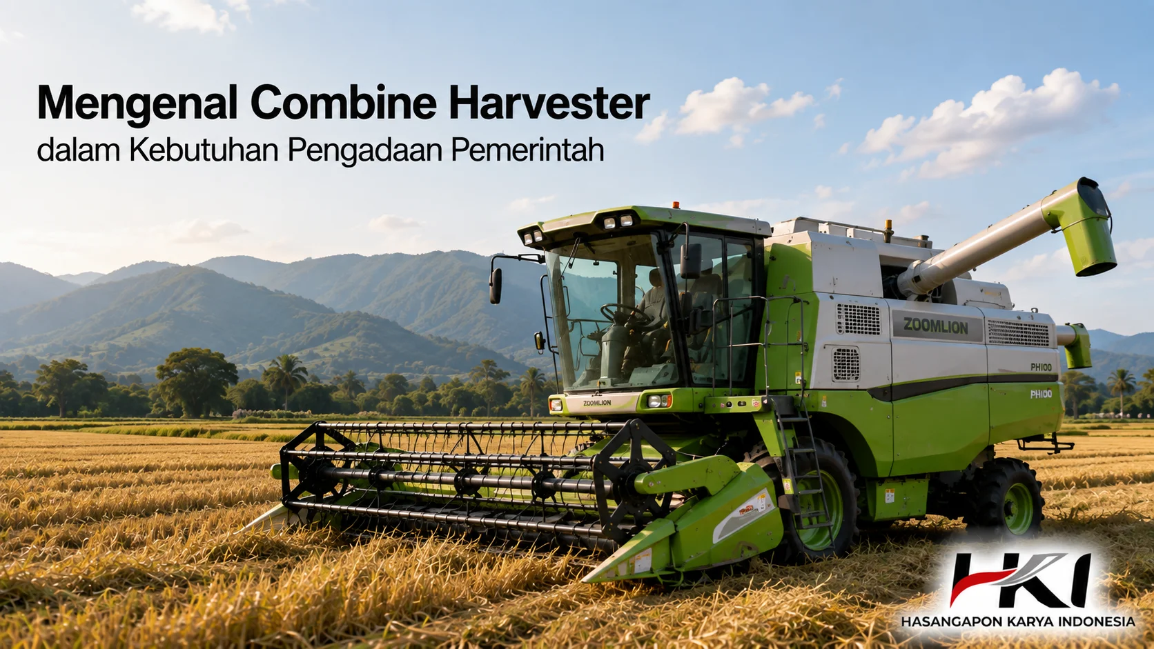 Produk Pengadaan Pemerintah berupa combine harvester warna hijau untuk mendukung kebutuhan panen dan operasional pertanian