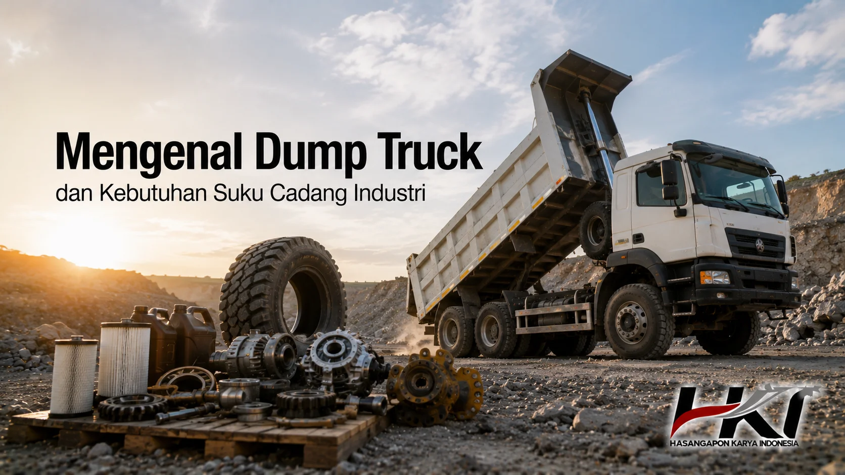 Dump truck di area kerja dengan berbagai komponen dan suku cadang industri sebagai pendukung kebutuhan operasional