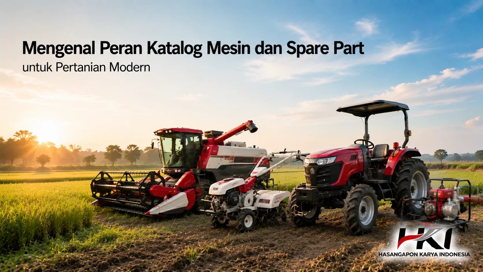Berbagai mesin pertanian dalam Katalog Mesin dan Spare Part untuk mendukung kebutuhan pertanian modern, termasuk combine harvester dan traktor.