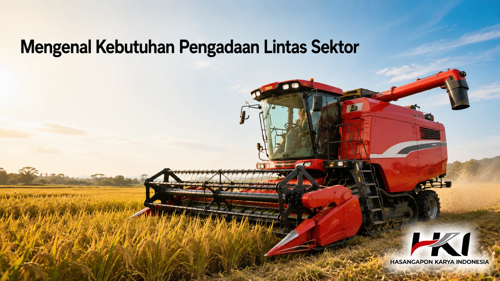 Combine harvester merah untuk Pengadaan Barang Multisektor dalam mendukung kebutuhan alat pertanian pemerintah.