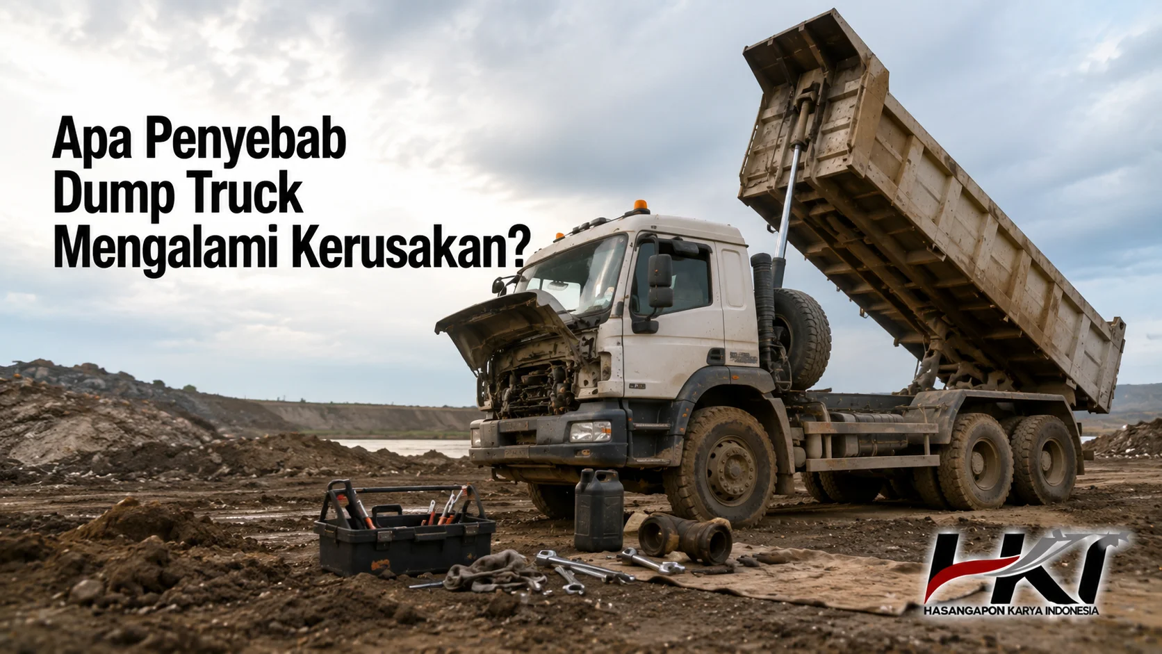 Dump truck dengan bagian mesin terbuka di area kerja sebagai gambaran penyebab kerusakan dan pentingnya pemeriksaan kendaraan
