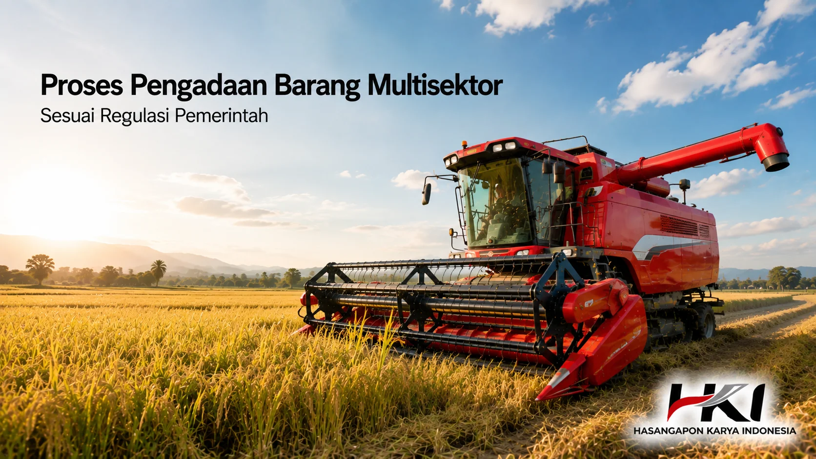 Combine harvester merah di area persawahan untuk mendukung proses Pengadaan Barang Multisektor sesuai regulasi pemerintah.