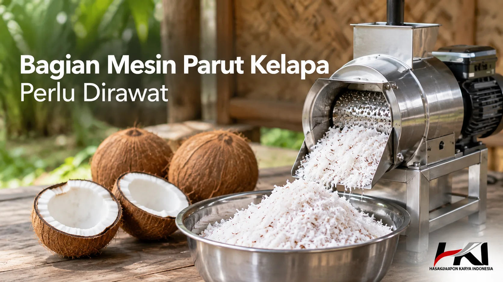 Mesin parut kelapa stainless steel dengan kelapa parut dan judul “Bagian Mesin Parut Kelapa Perlu Dirawat”
