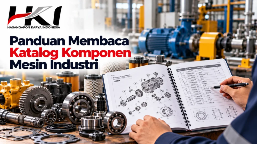 Katalog spare part komponen mesin industri dengan diagram teknis, nomor part, bearing, gear, filter, dan berbagai suku cadang mesin.