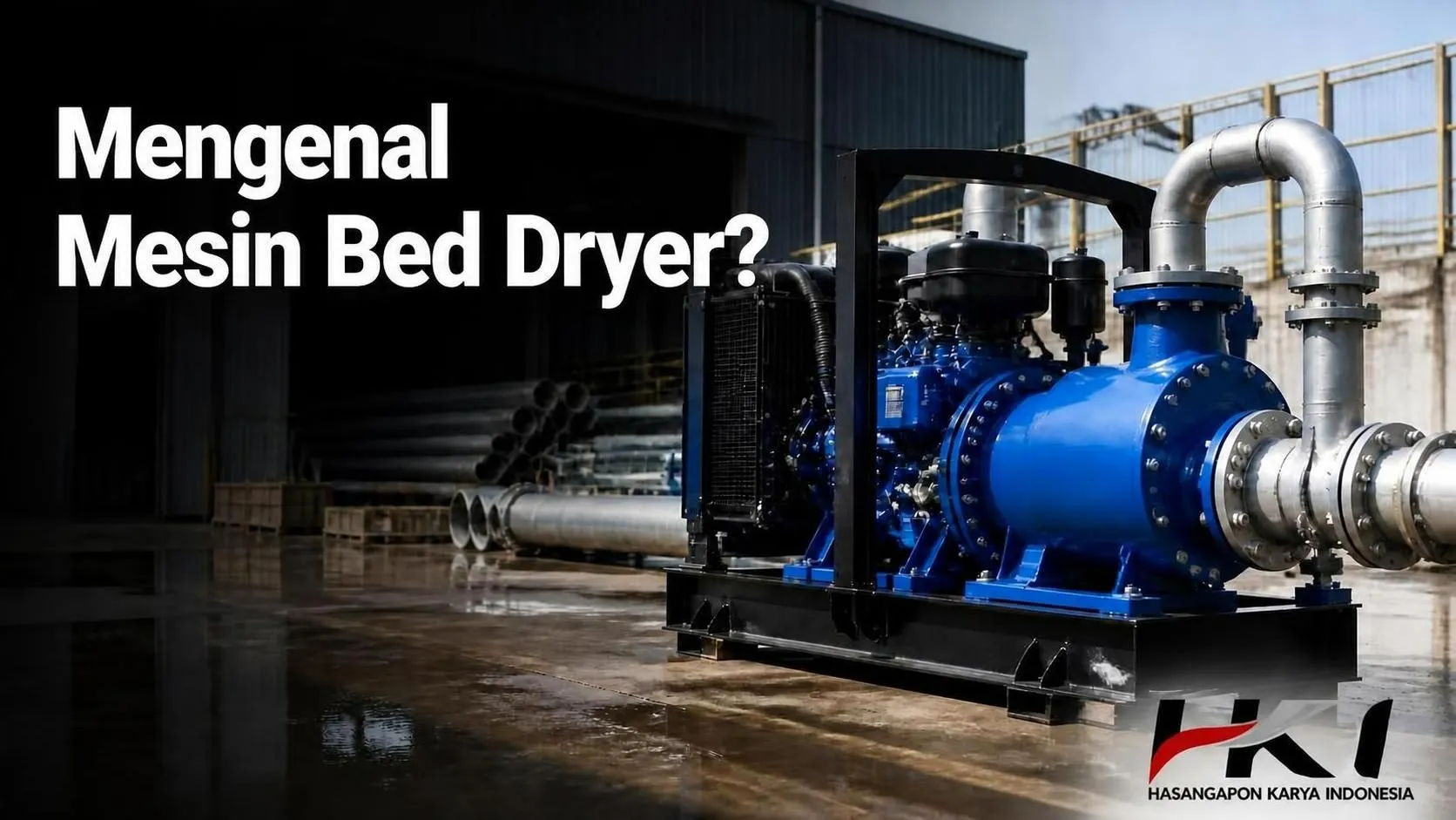 Mesin bed dryer industri dengan latar fasilitas pengolahan hasil pertanian.