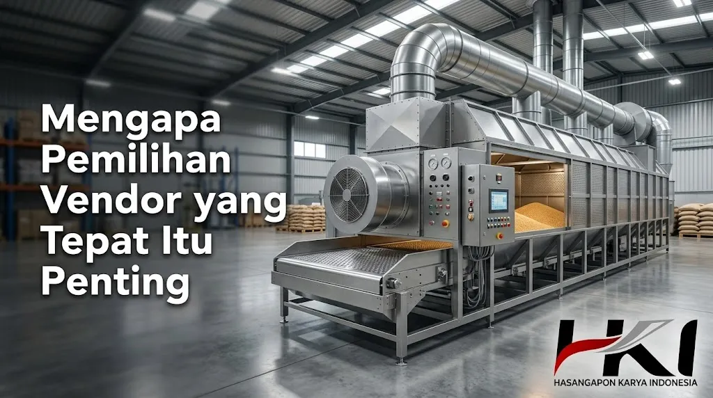 Banner mesin bed dryer dengan teks pentingnya pemilihan vendor.