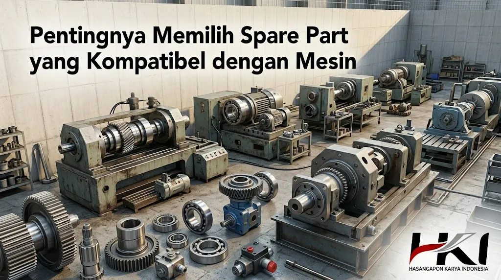 Banner spare part mesin dengan teks pentingnya memilih spare part yang kompatibel dengan mesin.