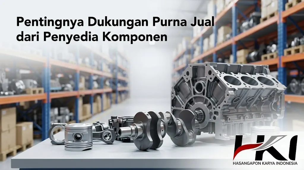 Banner distributor spare part dengan judul Pentingnya Dukungan Purna Jual dari Penyedia Komponen dan logo Hasangapon Karya Indonesia.