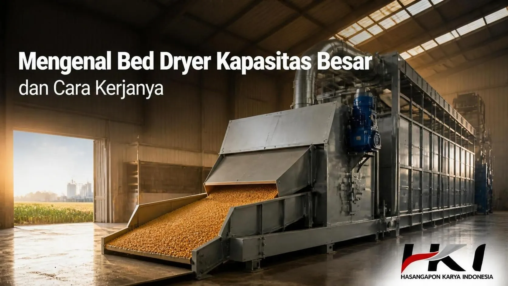Mesin bed dryer berkapasitas besar di fasilitas pengolahan hasil pertanian.