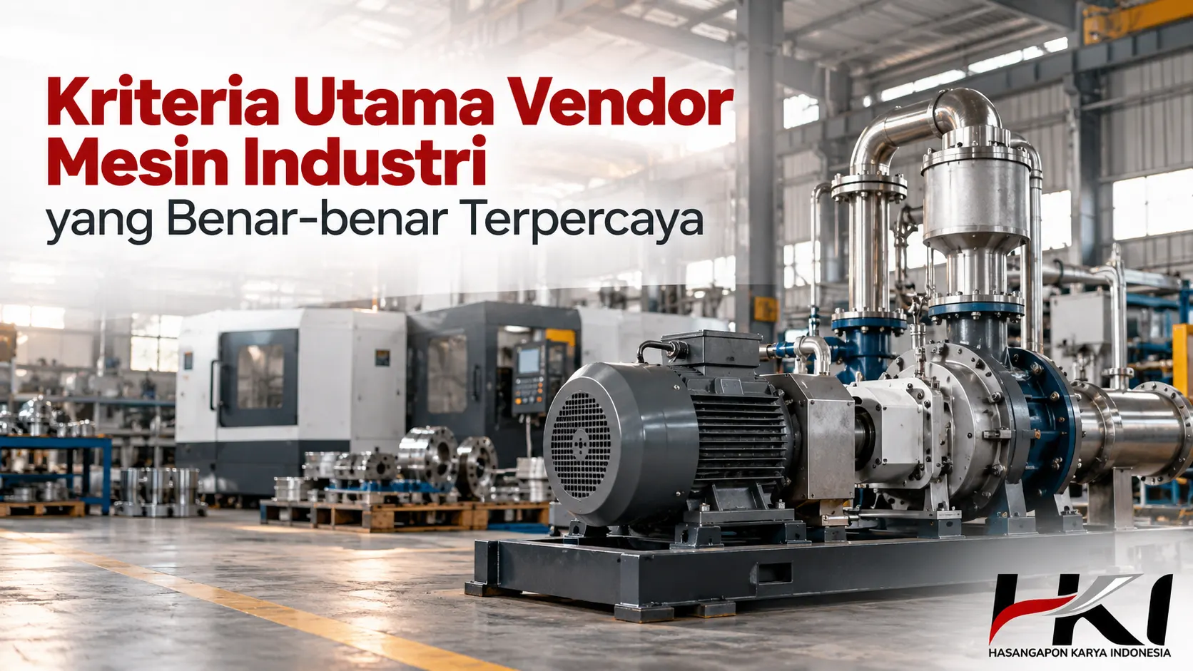 Banner kriteria utama vendor mesin industri terpercaya dengan mesin pompa industri dan peralatan manufaktur di lingkungan pabrik modern, dilengkapi logo Hasangapon Karya Indonesia.