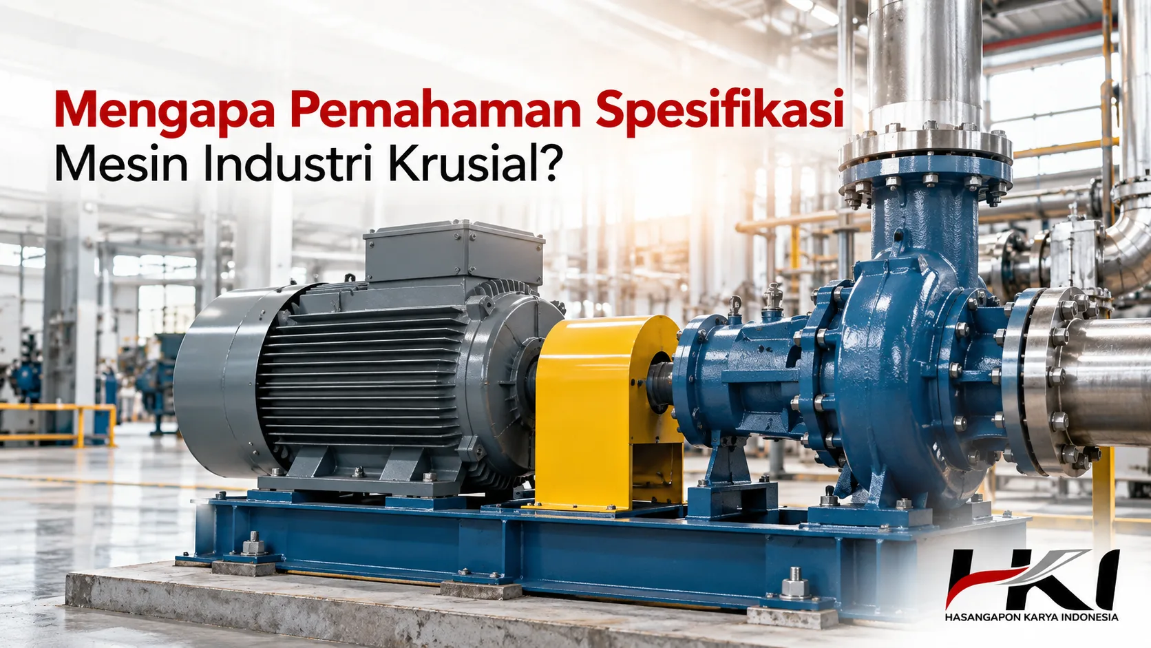 Mesin industri berupa motor listrik dan pompa sentrifugal di lingkungan pabrik modern untuk memahami spesifikasi mesin industri, dengan banner Hasangapon Karya Indonesia.
