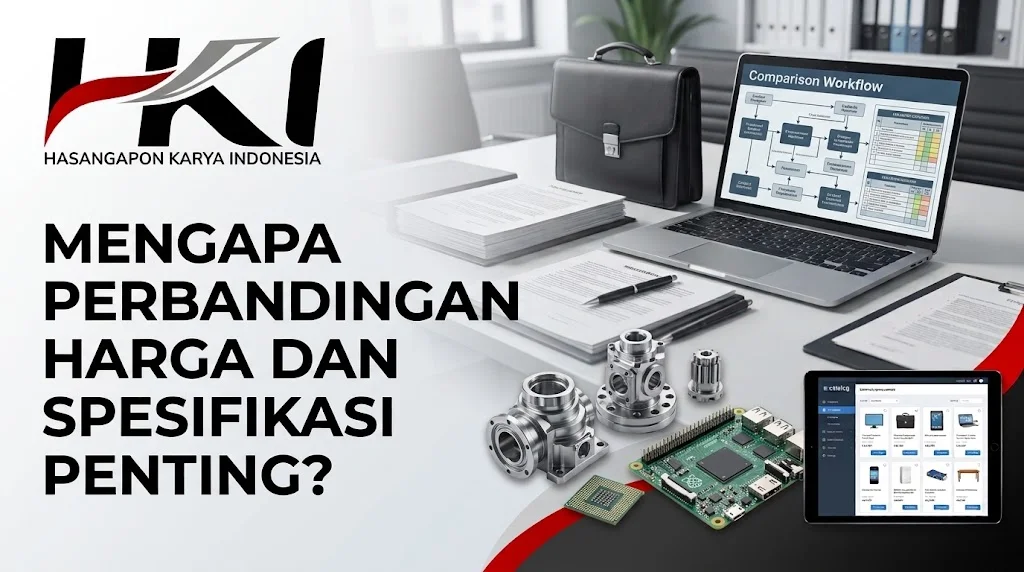 Sebuah Panduan e-katalog LKPP visual yang menampilkan perbandingan spesifikasi dan harga komponen teknis (seperti mikrokontroler dan komponen mekanis) di layar laptop, tablet, dan dokumen kerja.