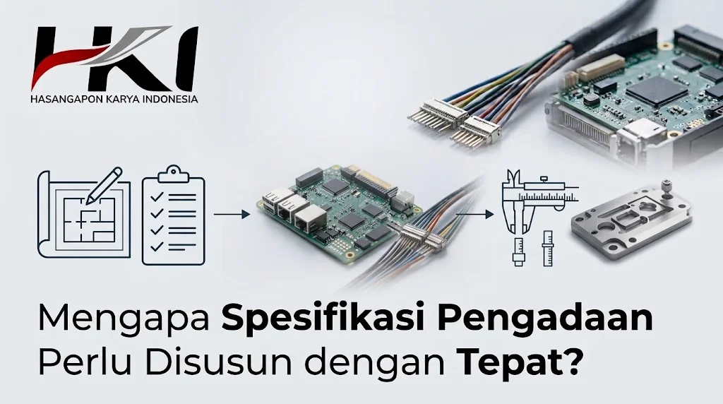 Infografis Panduan pengadaan jasa teknik dari HKI, mencakup tahap perencanaan, perakitan komponen elektronik, hingga kontrol kualitas produk.