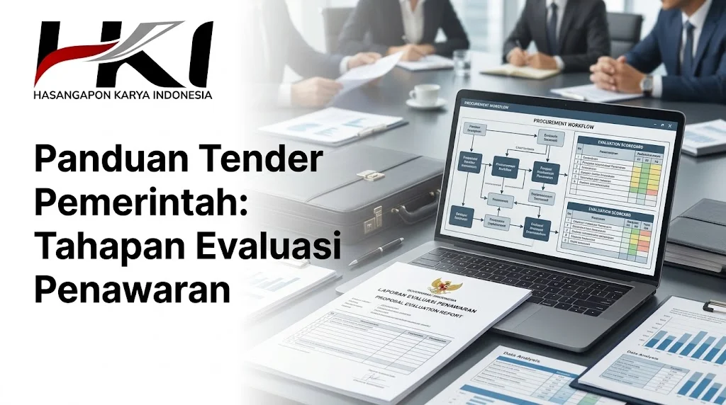 Infografis Panduan tender pemerintah oleh HKI yang menampilkan alur kerja e-procurement di laptop, tumpukan kotak pengiriman berlabel 'Delivered', serta dokumen dan tablet e-katalog.