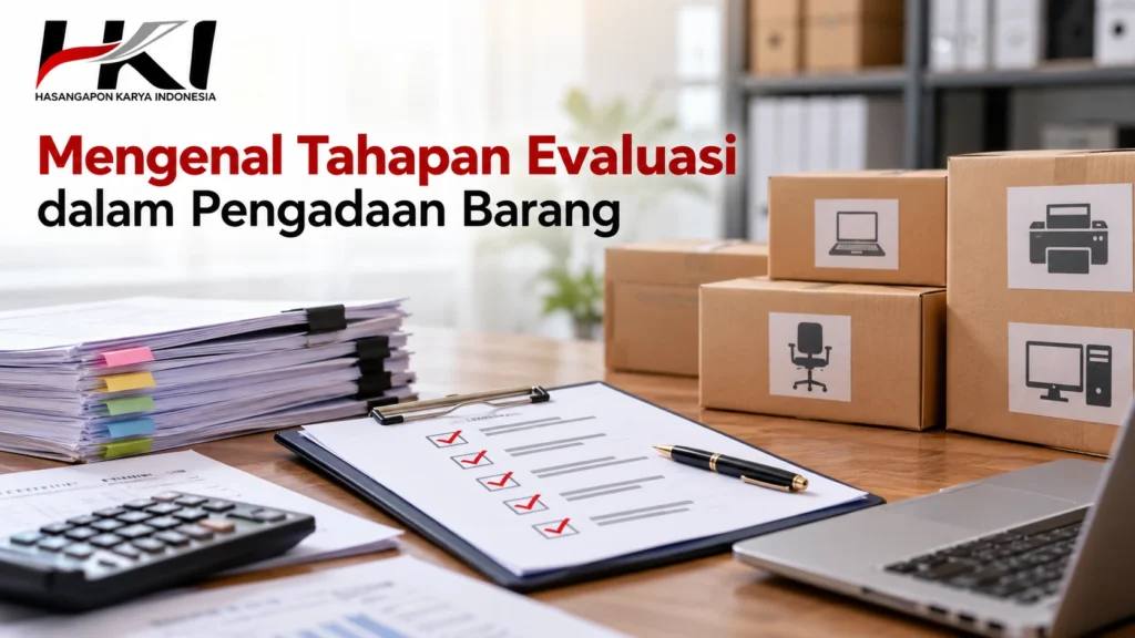 Mengenal tahapan evaluasi Panduan tender pemerintah dalam pengadaan barang dengan dokumen administrasi, daftar periksa penilaian, laptop, kalkulator, dan barang pengadaan yang menggambarkan proses evaluasi pengadaan barang oleh Hasangapon Karya Indonesia.