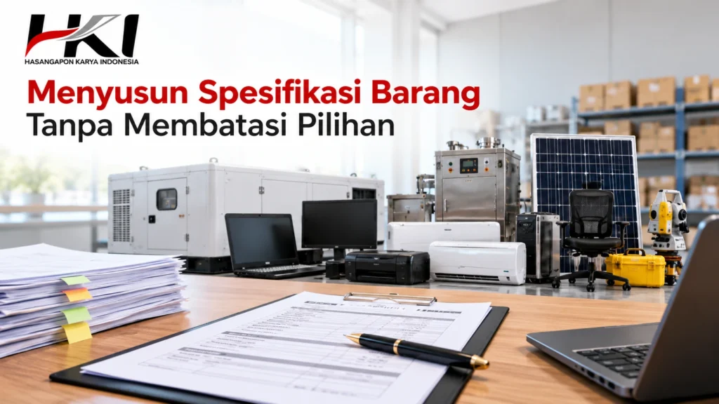 Menyusun Panduan pengadaan jasa Spesifikasi Barang Tanpa Membatasi Pilihan, dengan ilustrasi dokumen spesifikasi pengadaan dan beragam produk peralatan industri, elektronik, serta perlengkapan teknis dari Hasangapon Karya Indonesia.