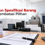 Menyusun Panduan pengadaan jasa Spesifikasi Barang Tanpa Membatasi Pilihan, dengan ilustrasi dokumen spesifikasi pengadaan dan beragam produk peralatan industri, elektronik, serta perlengkapan teknis dari Hasangapon Karya Indonesia.