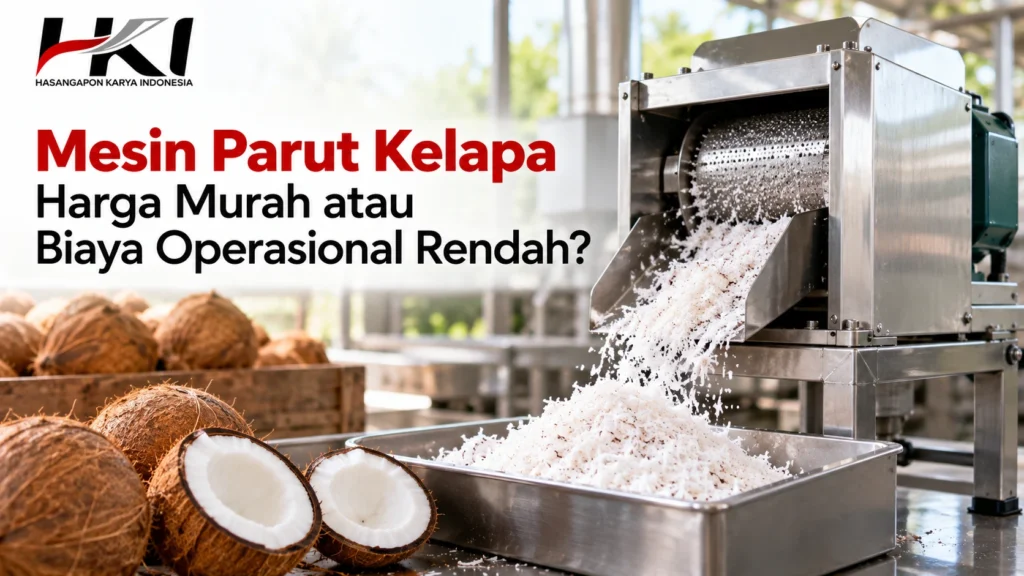 Supplier mesin parut kelapa berbahan stainless steel untuk mengolah kelapa menjadi parutan, dilengkapi motor penggerak dan wadah penampung, dengan fokus pada perbandingan harga murah dan biaya operasional rendah.