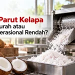 Supplier mesin parut kelapa berbahan stainless steel untuk mengolah kelapa menjadi parutan, dilengkapi motor penggerak dan wadah penampung, dengan fokus pada perbandingan harga murah dan biaya operasional rendah.