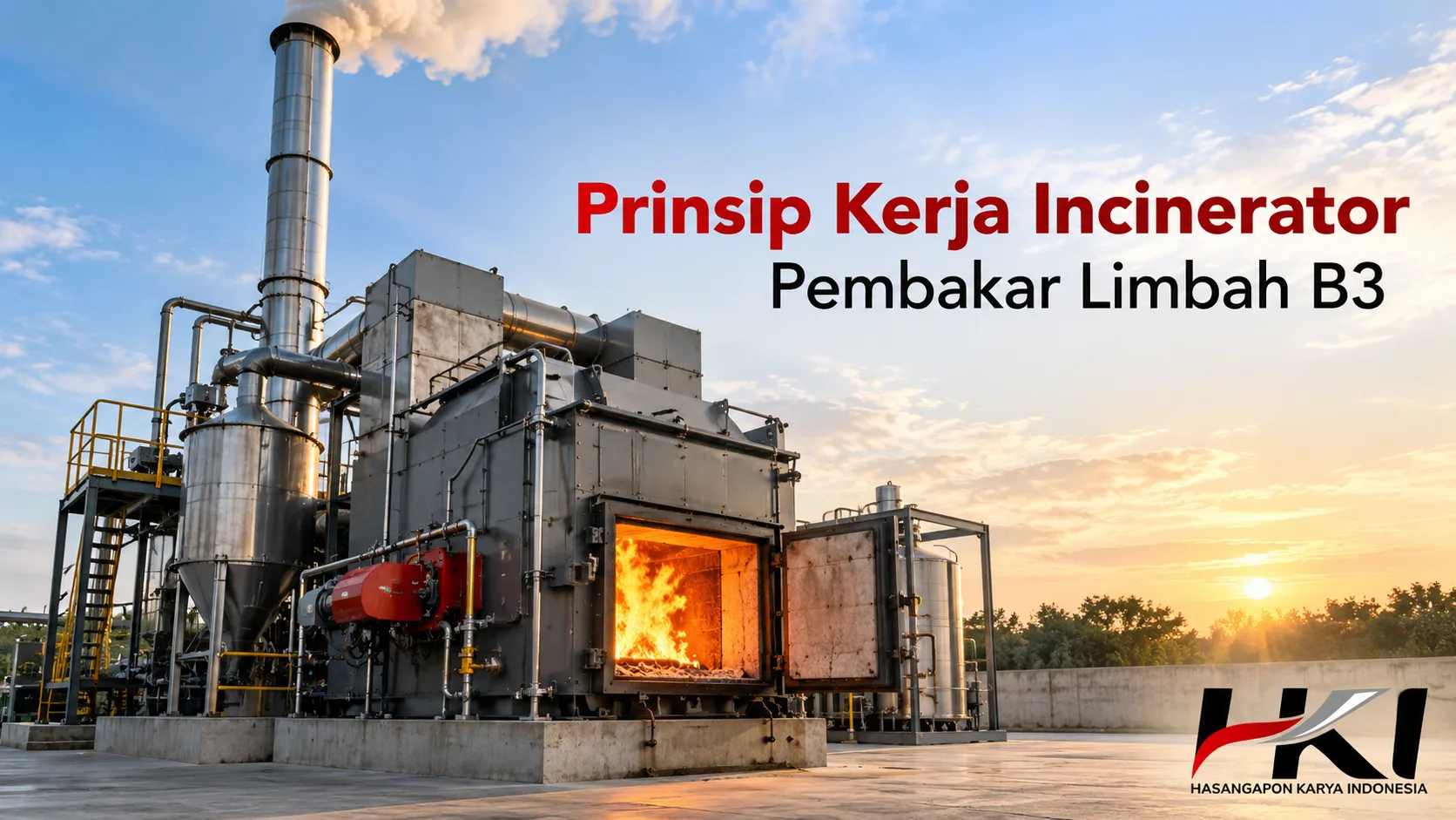 Incinerator pembakar limbah B3 dengan ruang pembakaran bersuhu tinggi, cerobong asap, dan sistem pengolahan limbah industri milik Hasangapon Karya Indonesia.