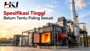 Spesifikasi tinggi belum tentu paling sesuai, ilustrasi foto realistis Panduan daftar INAPROCmesi n incinerator industri dengan ruang pembakaran, cerobong, dan sistem pengolahan limbah B3 milik Hasangapon Karya Indonesia.