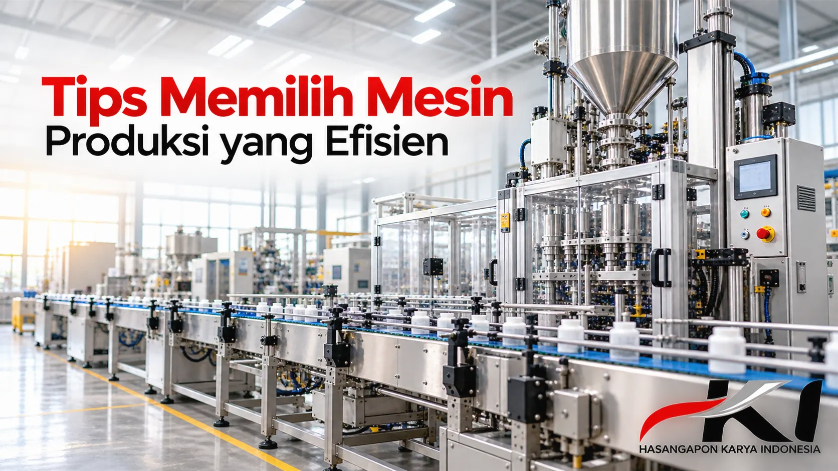 Banner tips memilih mesin produksi yang efisien dengan tampilan mesin industri modern dan sistem conveyor di pabrik, dilengkapi logo Hasangapon Karya Indonesia.